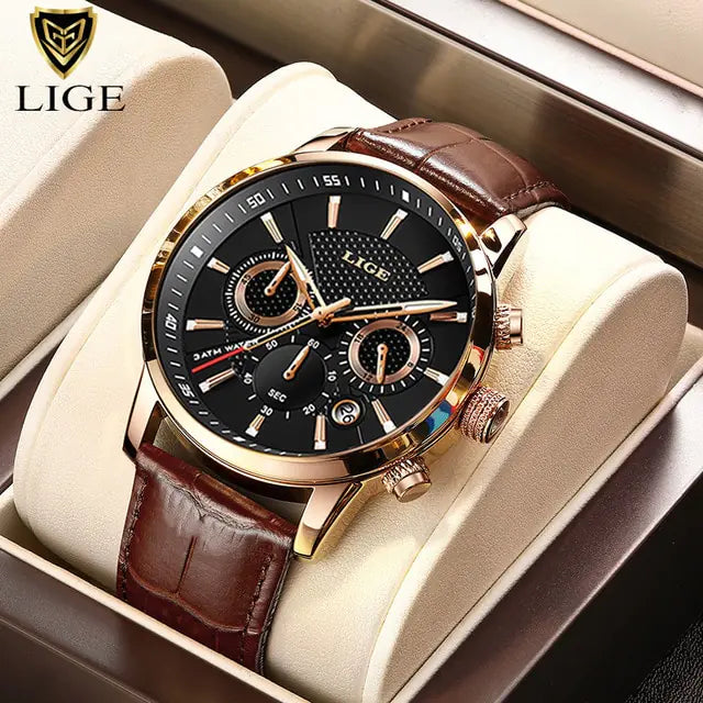 2023 New Mens Watches LIGE Top Brand Luxury Leather Casual Quartz - AlburyMart