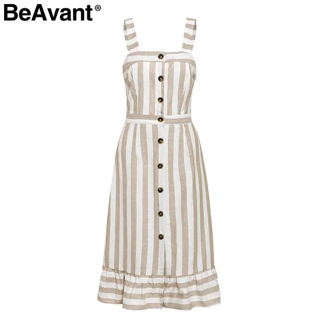 BeAvant Casual striped linen cotton dress women Button strap beach summer dress 2019 Sexy backless midi ladies dresses vestidos - AlburyMart