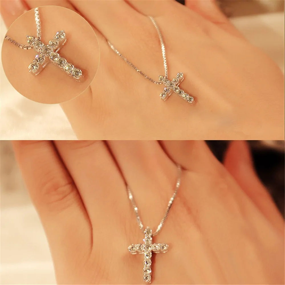 Crystal Cross Pendant Silver Chain Necklace - Fashionable Women's Jewelry Gift - AlburyMart