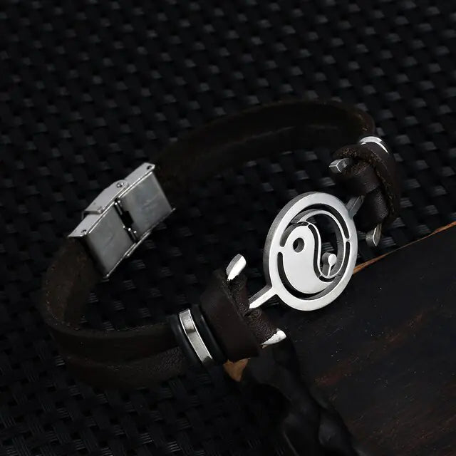2021 Fashion Jewelry Stainless Steel Tai Chi Yin Yang Fish Leather Bracelet - AlburyMart