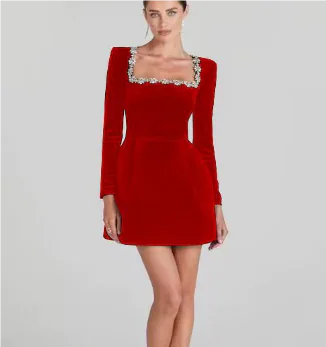 Chloe™ Elegant Summer Long Sleeve Dress with Rhinestones - AlburyMart