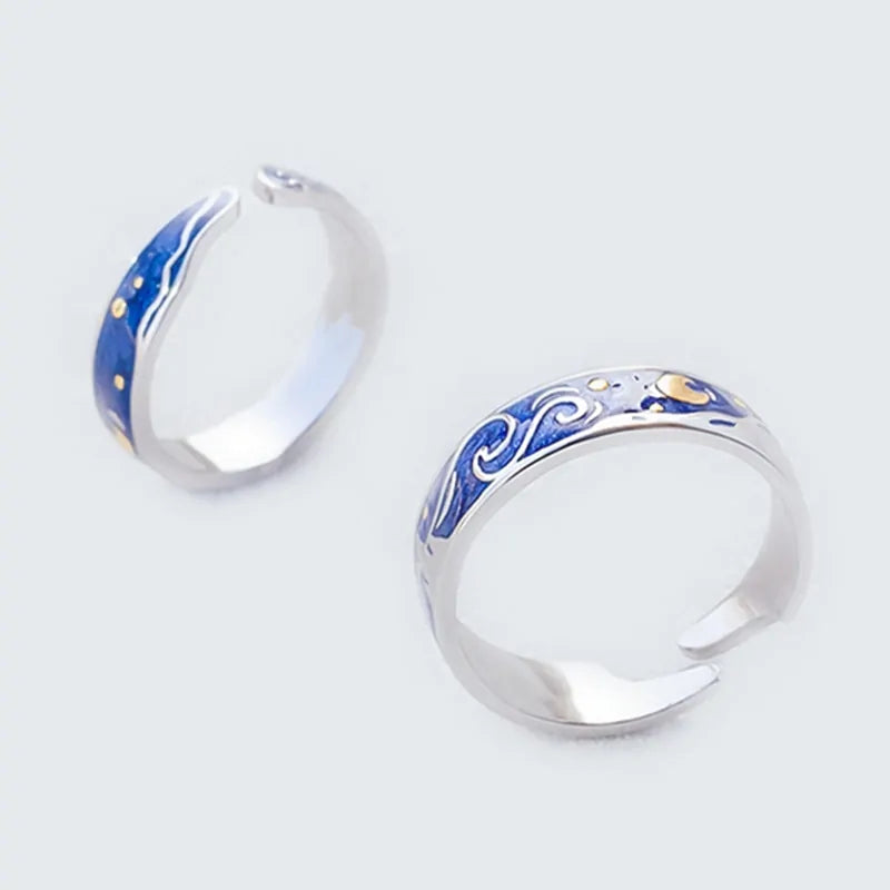 Adjustable Van Gogh Starry Night Couple Rings: Silver with Blue Stars - Valentine's Jewelry - AlburyMart