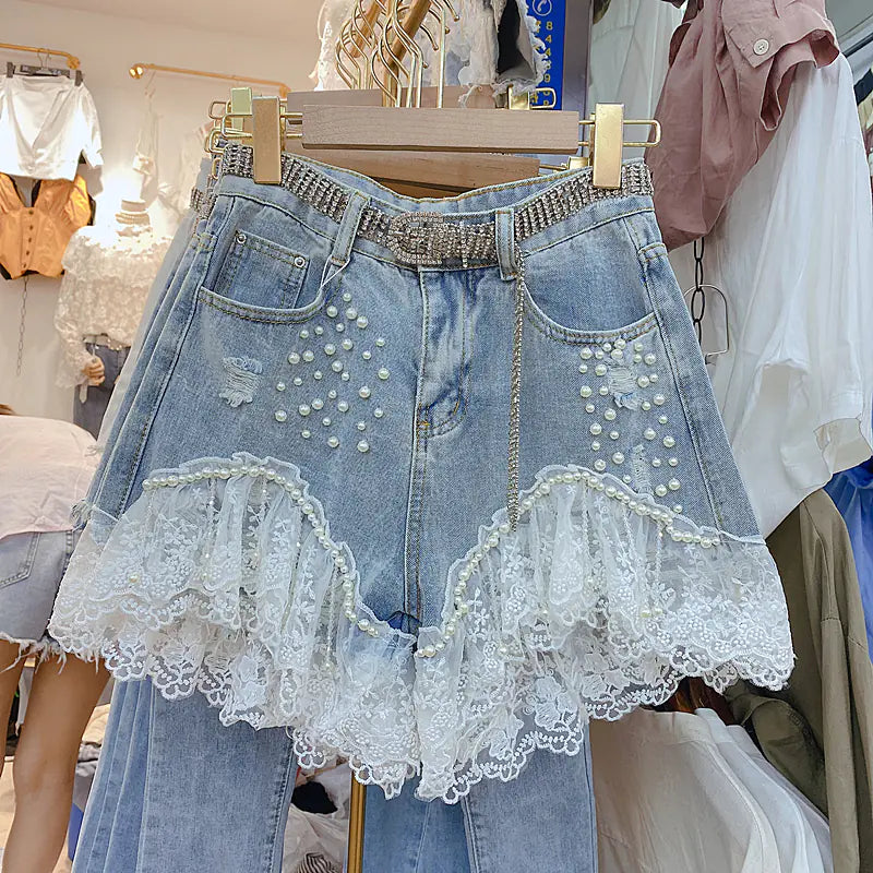 High-Waisted Diamond Korean Jeans Shorts