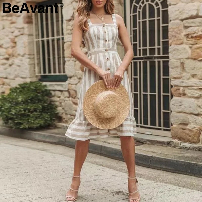 BeAvant Casual striped linen cotton dress women Button strap beach summer dress 2019 Sexy backless midi ladies dresses vestidos - AlburyMart