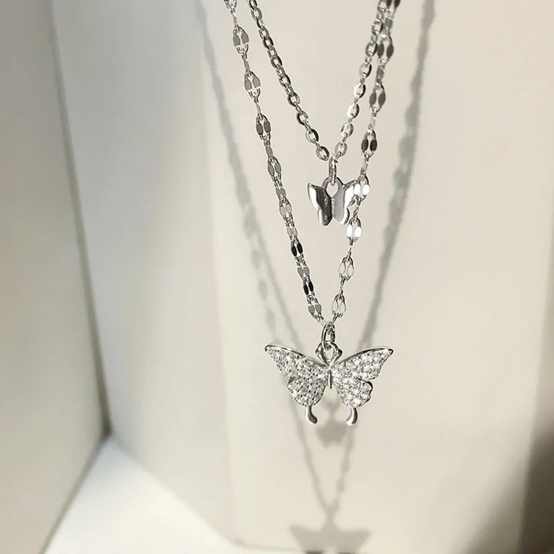 ANENJERY 925 Sterling Silver CZ Butterfly Necklace: Double Layer Dainty Jewelry - AlburyMart