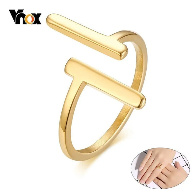 Vnox Minimalist Double T Letter Rings: Gold Tone Stainless Steel Jewelry