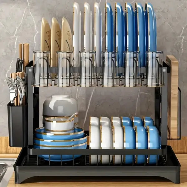 2-Tier Dish Rack with Drainboard & Utensil Holder - AlburyMart
