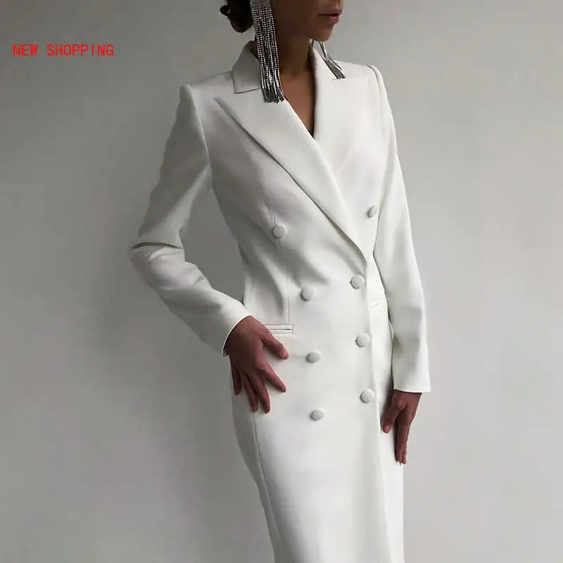 Elegant White Double-Breasted Suit Dress - AlburyMart