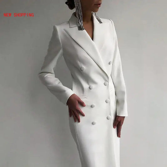 Elegant White Double-Breasted Suit Dress - AlburyMart