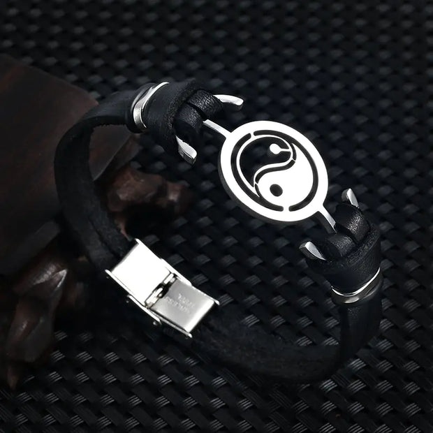 2021 Fashion Jewelry Stainless Steel Tai Chi Yin Yang Fish Leather Bracelet