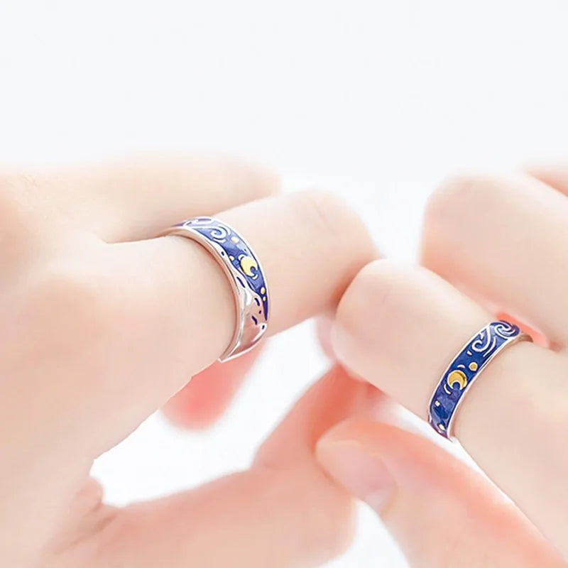 Adjustable Van Gogh Starry Night Couple Rings: Silver with Blue Stars - Valentine's Jewelry - AlburyMart