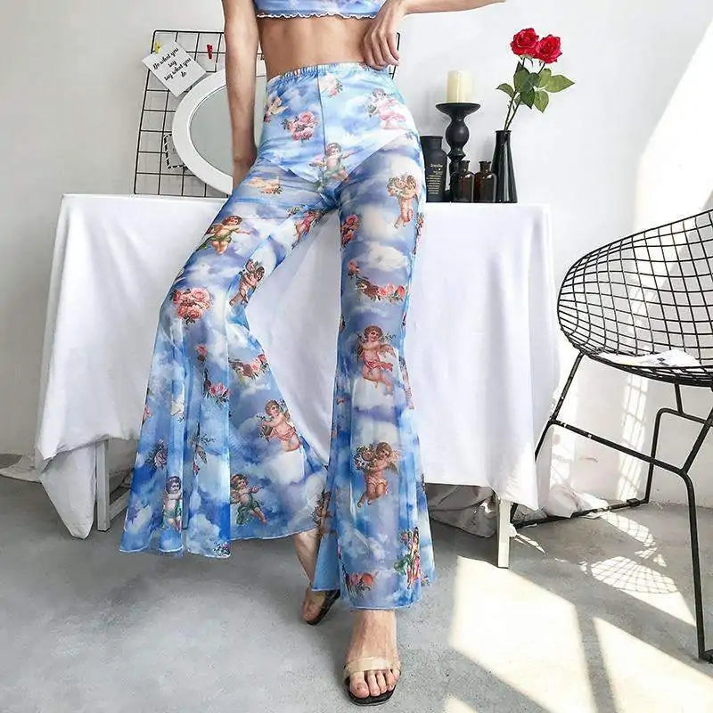 Angel Print Ladies Pants, Women's angel print trousers, Stylish ladies pants, Trendy printed trousers, Comfortable women's pants, Unique ladies fashion - AlburyMart