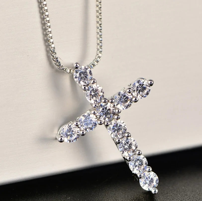 Crystal Cross Pendant Silver Chain Necklace - Fashionable Women's Jewelry Gift - AlburyMart
