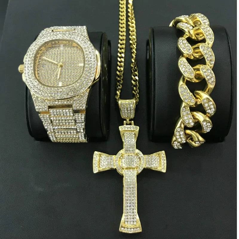 Luxury Hip Hop Diamond Cross Jewelry Combo Set - AlburyMart