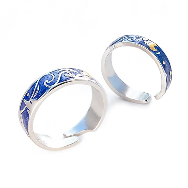 Adjustable Van Gogh Starry Night Couple Rings: Silver with Blue Stars - Valentine's Jewelry - AlburyMart