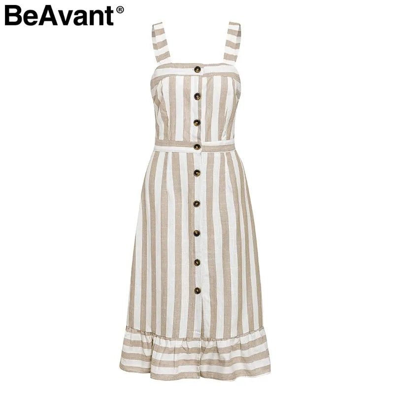 BeAvant Casual striped linen cotton dress women Button strap beach summer dress 2019 Sexy backless midi ladies dresses vestidos - AlburyMart