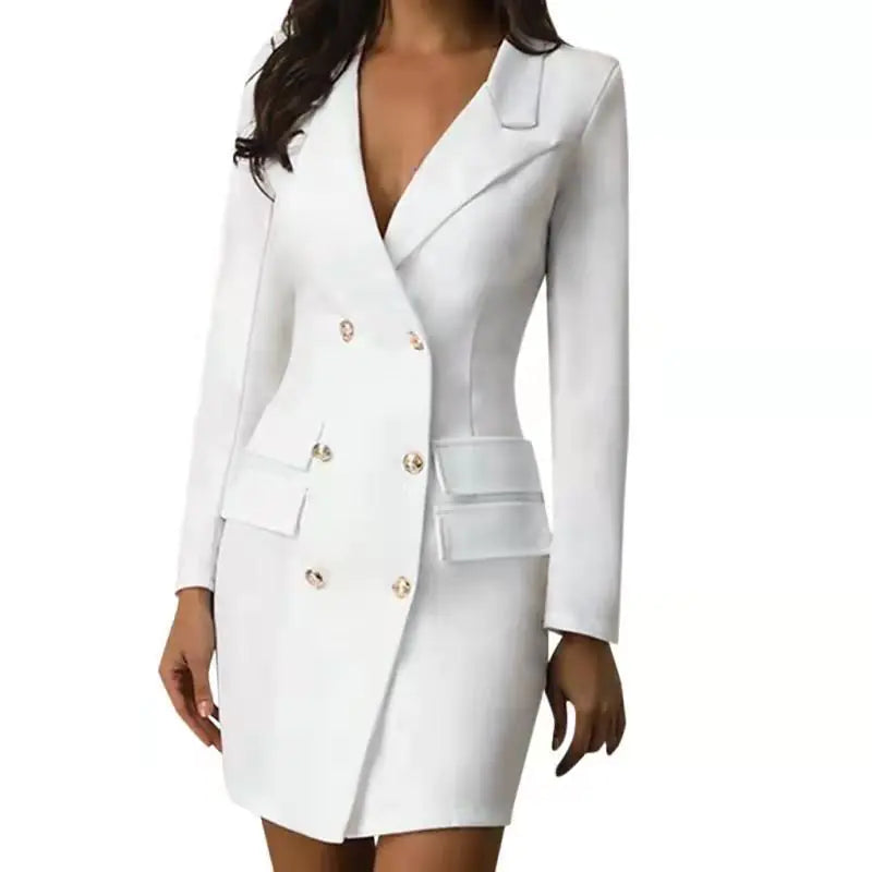 Elegant White Double-Breasted Suit Dress - AlburyMart