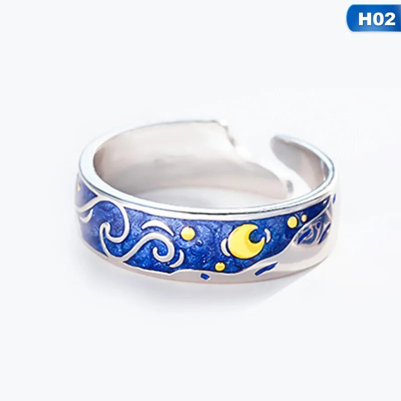 Adjustable Van Gogh Starry Night Couple Rings: Silver with Blue Stars - Valentine's Jewelry - AlburyMart