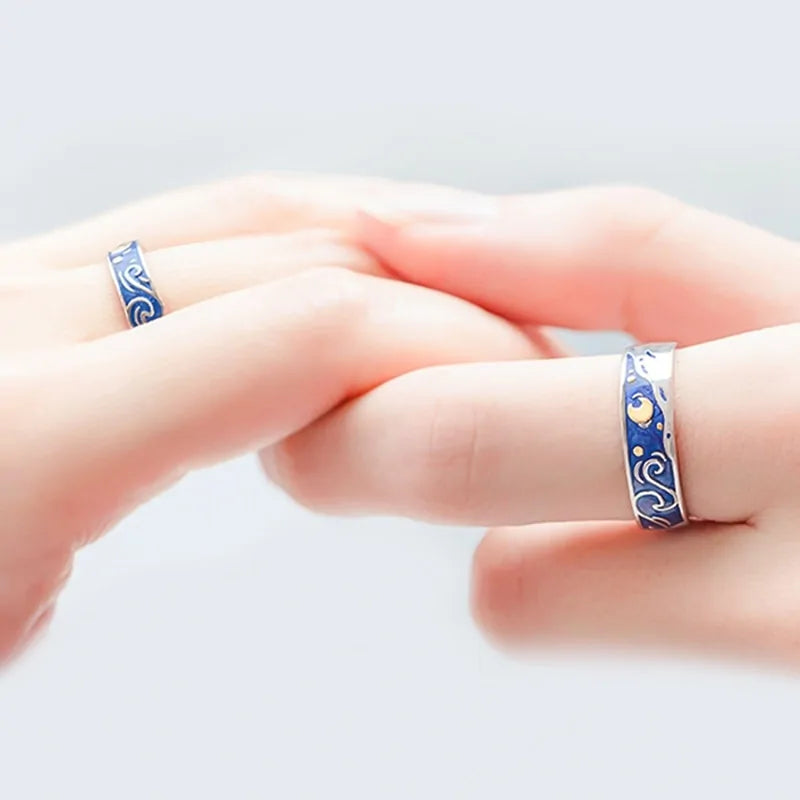 Adjustable Van Gogh Starry Night Couple Rings: Silver with Blue Stars - Valentine's Jewelry - AlburyMart