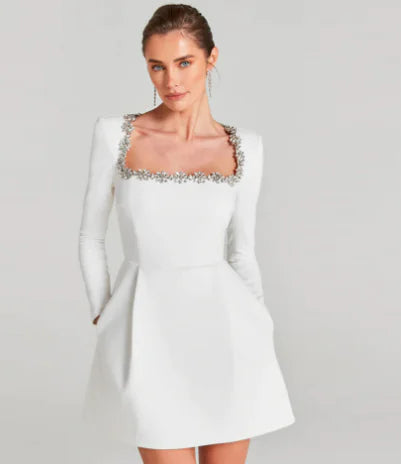 Chloe™ Elegant Summer Long Sleeve Dress with Rhinestones - AlburyMart