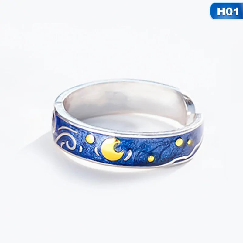 Adjustable Van Gogh Starry Night Couple Rings: Silver with Blue Stars - Valentine's Jewelry - AlburyMart