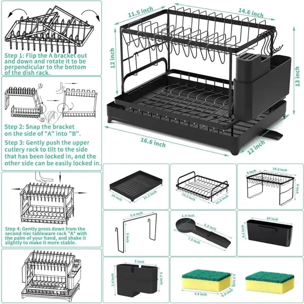 2-Tier Dish Rack with Drainboard & Utensil Holder - AlburyMart
