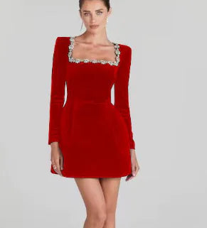 Chloe™ Elegant Summer Long Sleeve Dress with Rhinestones - AlburyMart