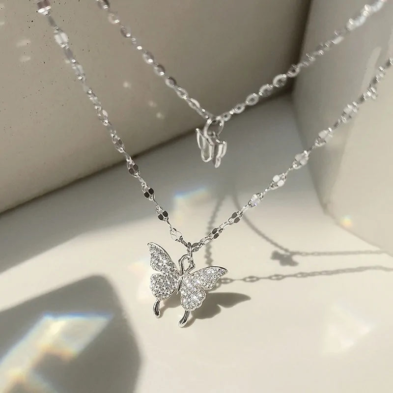 ANENJERY 925 Sterling Silver CZ Butterfly Necklace: Double Layer Dainty Jewelry - AlburyMart