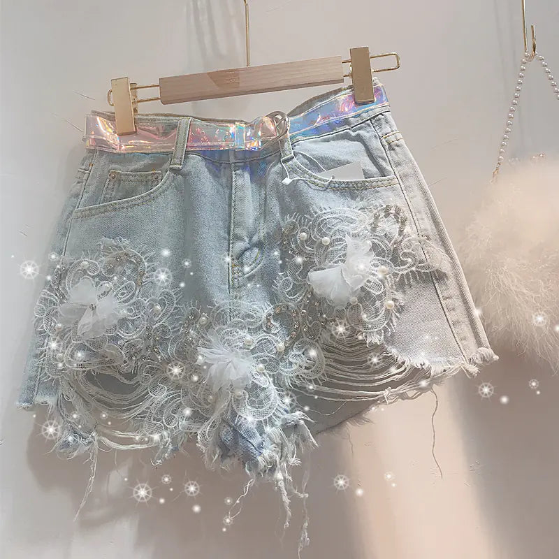 High-Waisted Diamond Korean Jeans Shorts