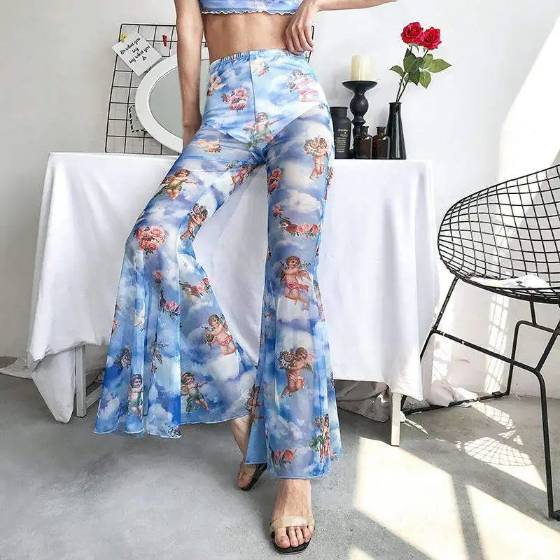Angel Print Ladies Pants, Women's angel print trousers, Stylish ladies pants, Trendy printed trousers, Comfortable women's pants, Unique ladies fashion - AlburyMart
