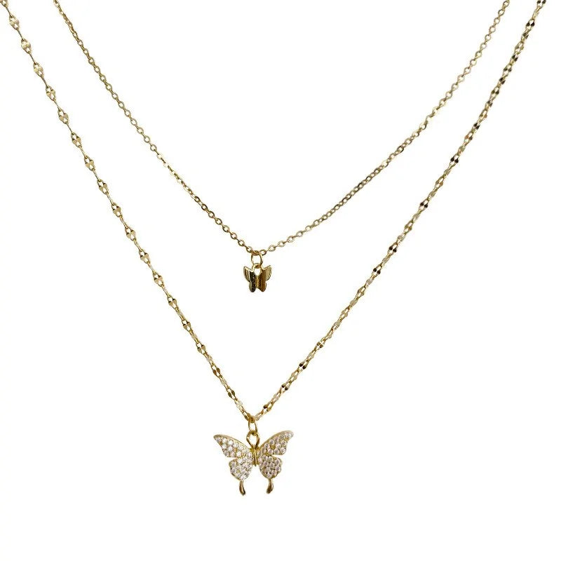 ANENJERY 925 Sterling Silver CZ Butterfly Necklace: Double Layer Dainty Jewelry - AlburyMart