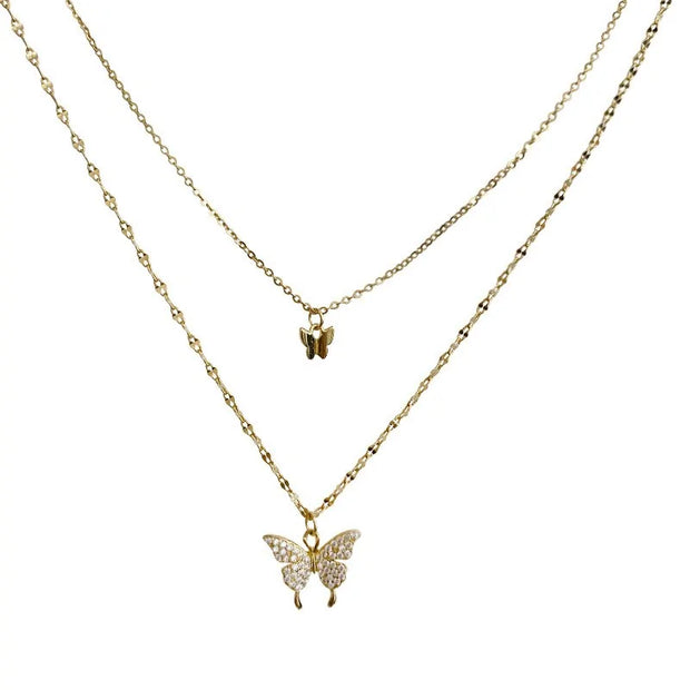 ANENJERY 925 Sterling Silver CZ Butterfly Necklace: Double Layer Dainty Jewelry