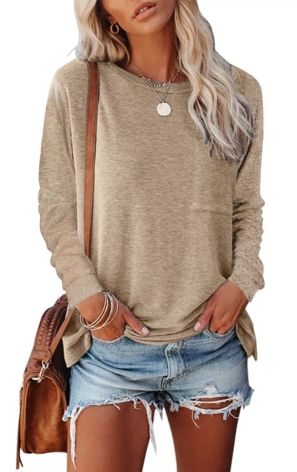 Pocket Split Long-sleeved Casual T-shirt