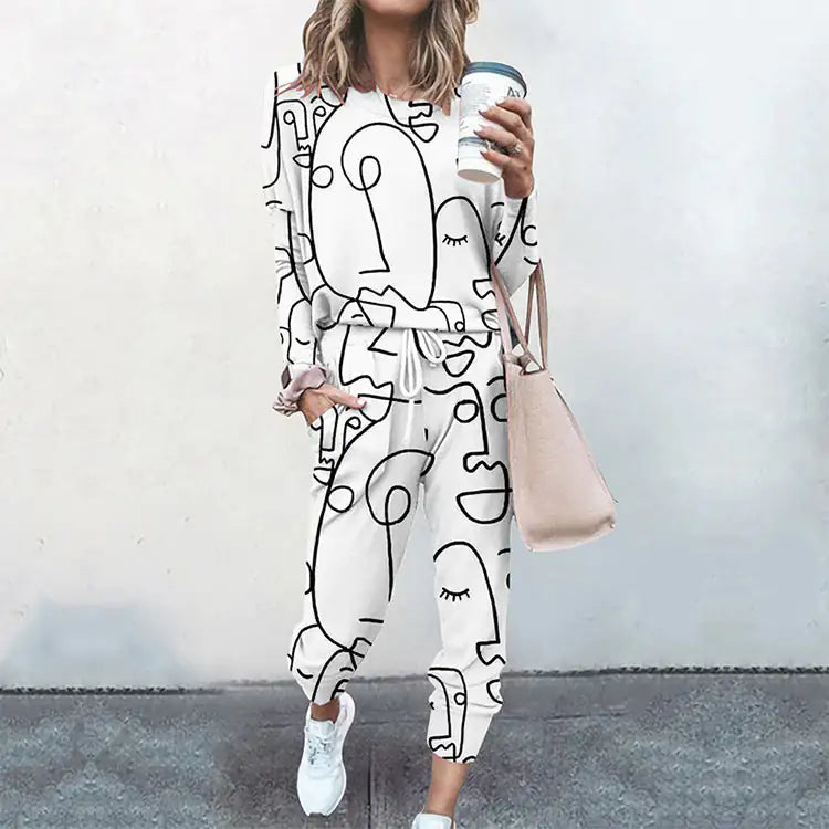 Abstract Blouse Top Elastic Waist Pant Casual Streetwear - AlburyMart