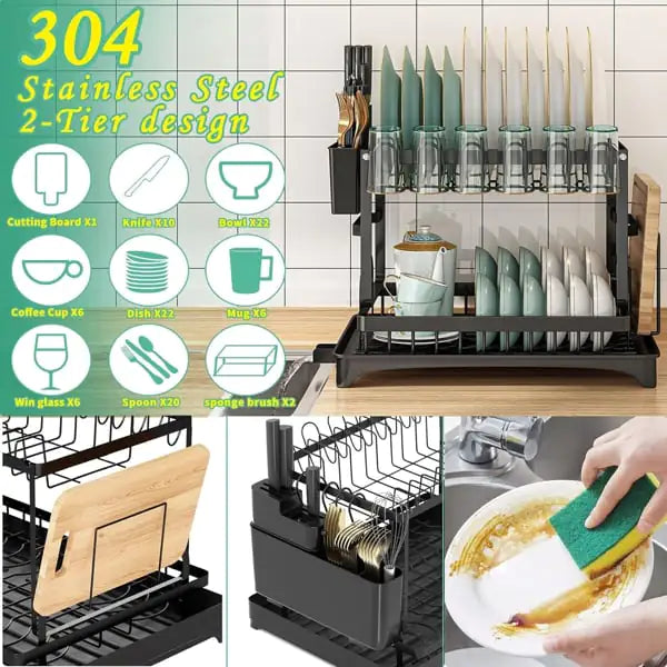 2-Tier Dish Rack with Drainboard & Utensil Holder - AlburyMart