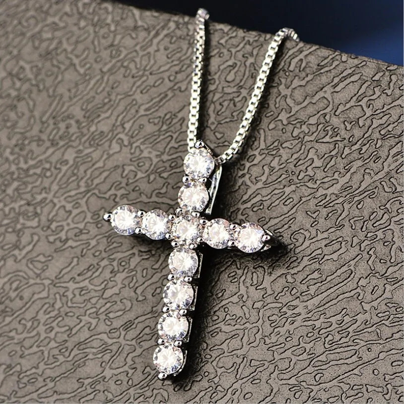 Crystal Cross Pendant Silver Chain Necklace - Fashionable Women's Jewelry Gift - AlburyMart
