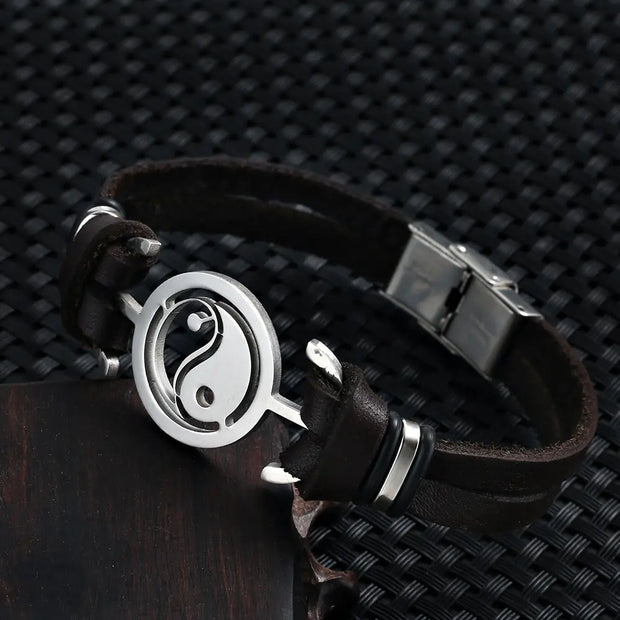 2021 Fashion Jewelry Stainless Steel Tai Chi Yin Yang Fish Leather Bracelet