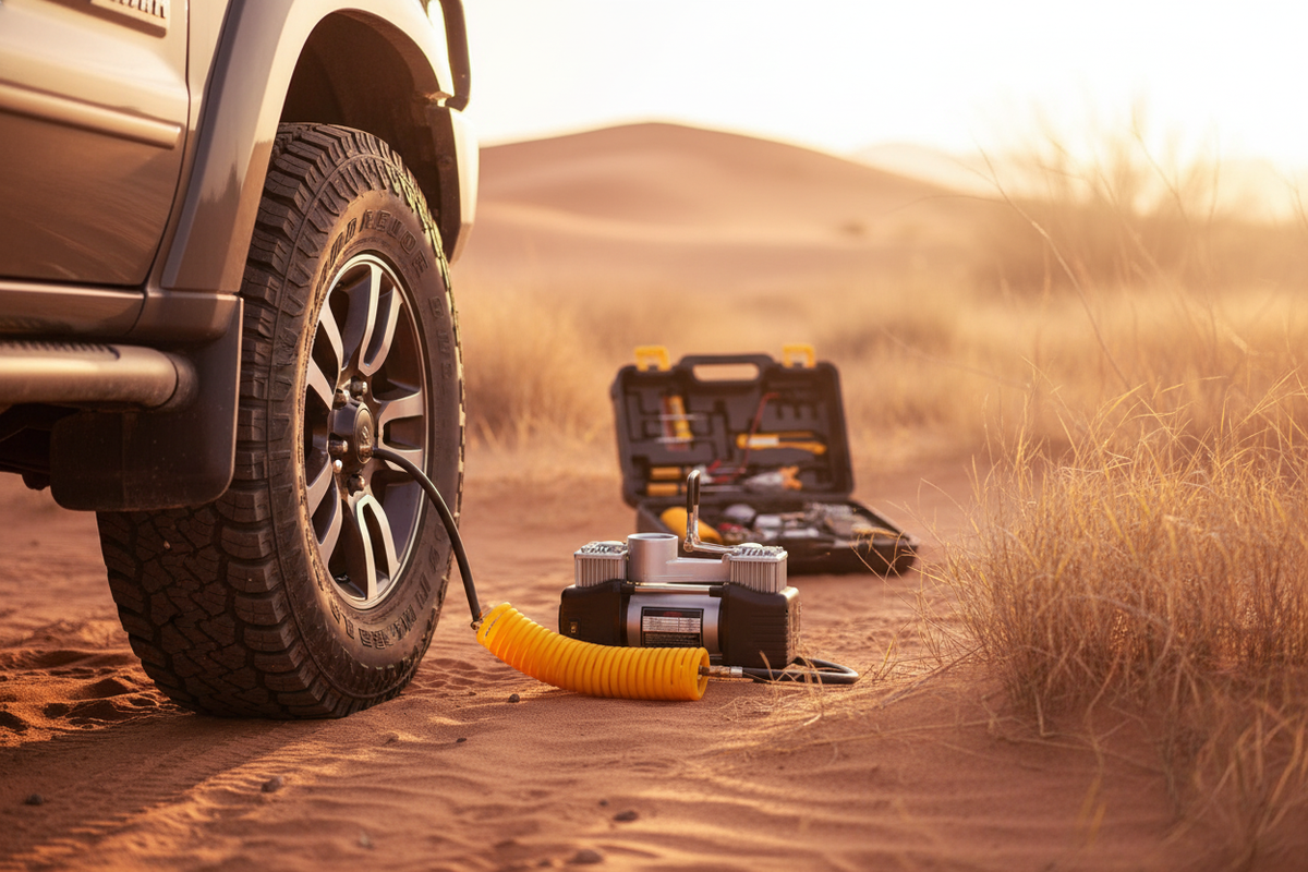 Portable 12V 150PSI car air compressor next to a 4WD tire in a warm, earthy setting with terracotta and burnt sienna tones.