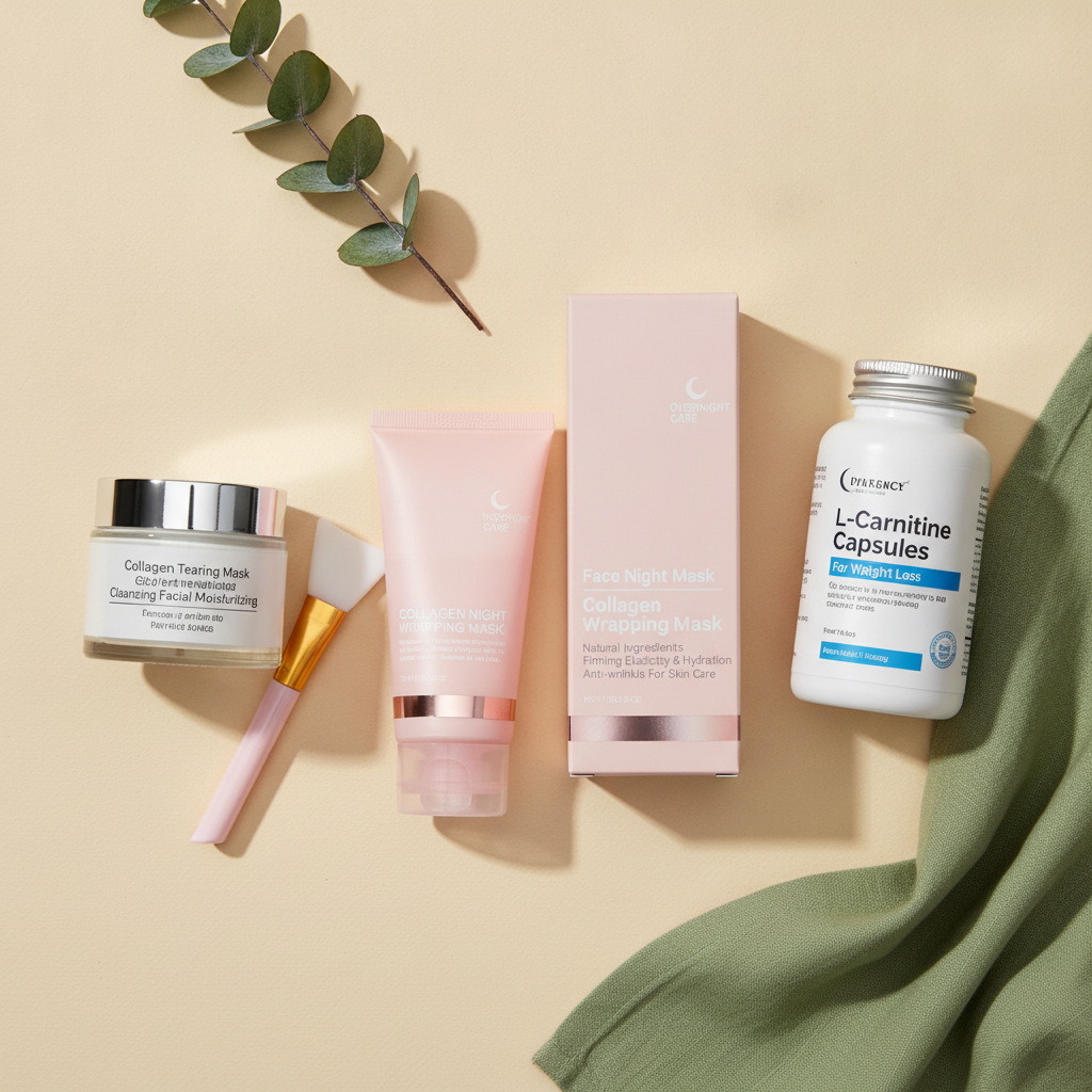 Three health and wellness products, a collagen tearing mask, a collagen night mask, and L-carnitine capsules, arranged on a c