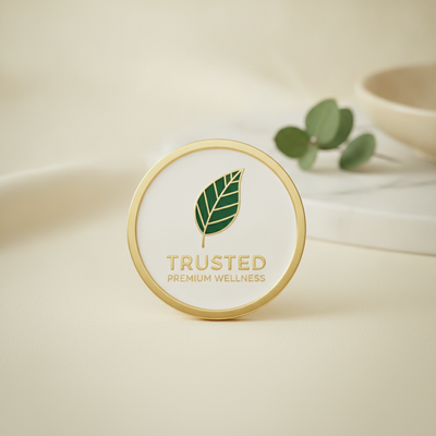 A white and gold circular badge with an elegant, stylized forest green leaf icon, representing natural health and premium qua