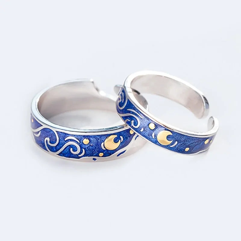 Adjustable Van Gogh Starry Night Couple Rings: Silver with Blue Stars - Valentine's Jewelry - AlburyMart