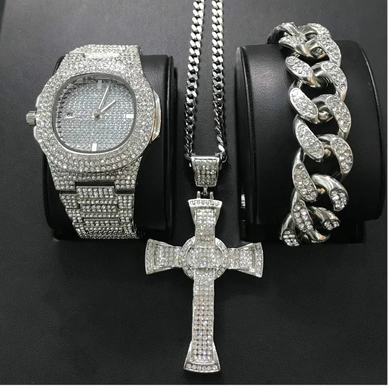 Luxury Hip Hop Diamond Cross Jewelry Combo Set - AlburyMart