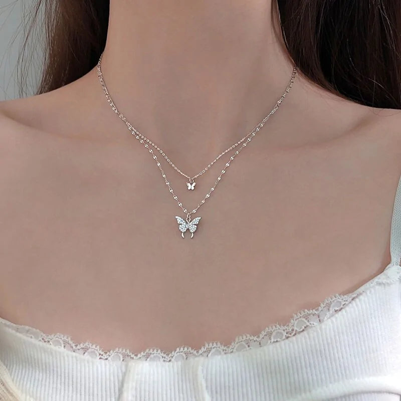 ANENJERY 925 Sterling Silver CZ Butterfly Necklace: Double Layer Dainty Jewelry - AlburyMart
