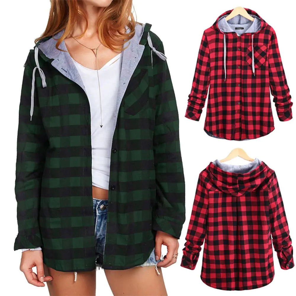 Multicolor Checked Hooded Cardigan for Women