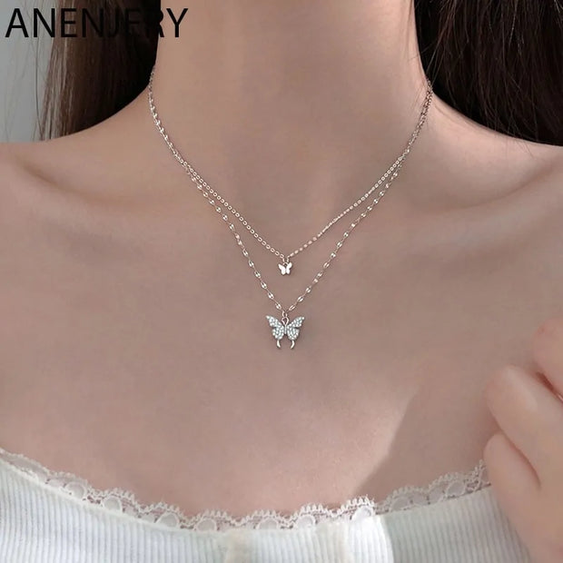 ANENJERY 925 Sterling Silver CZ Butterfly Necklace: Double Layer Dainty Jewelry