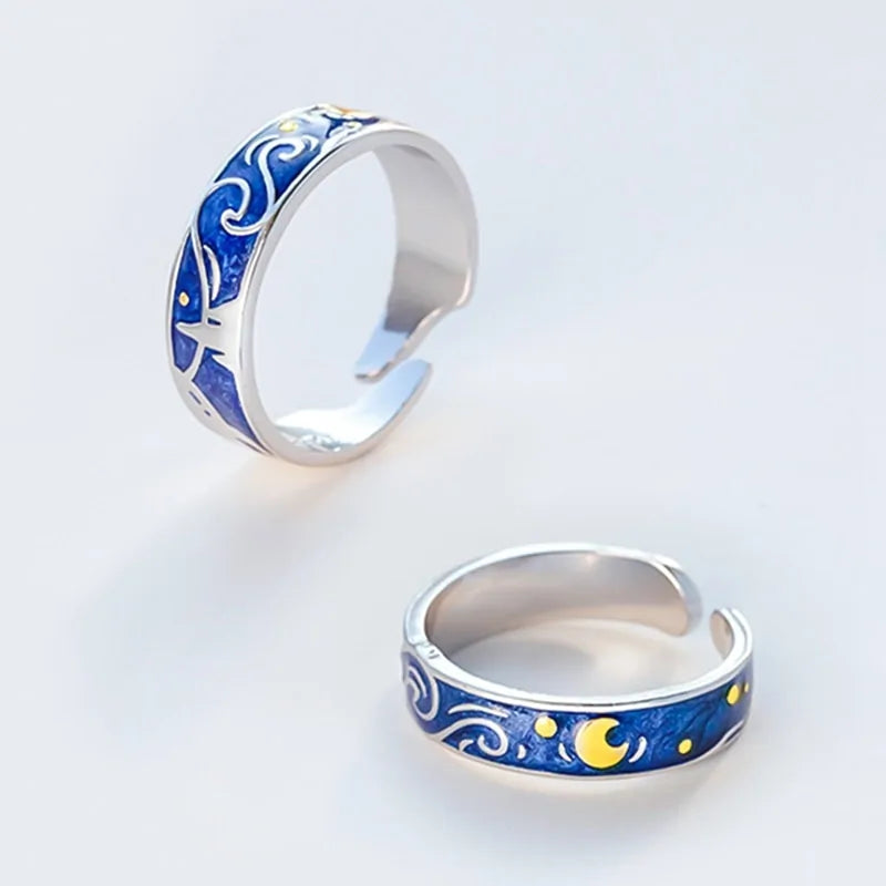 Adjustable Van Gogh Starry Night Couple Rings: Silver with Blue Stars - Valentine's Jewelry - AlburyMart