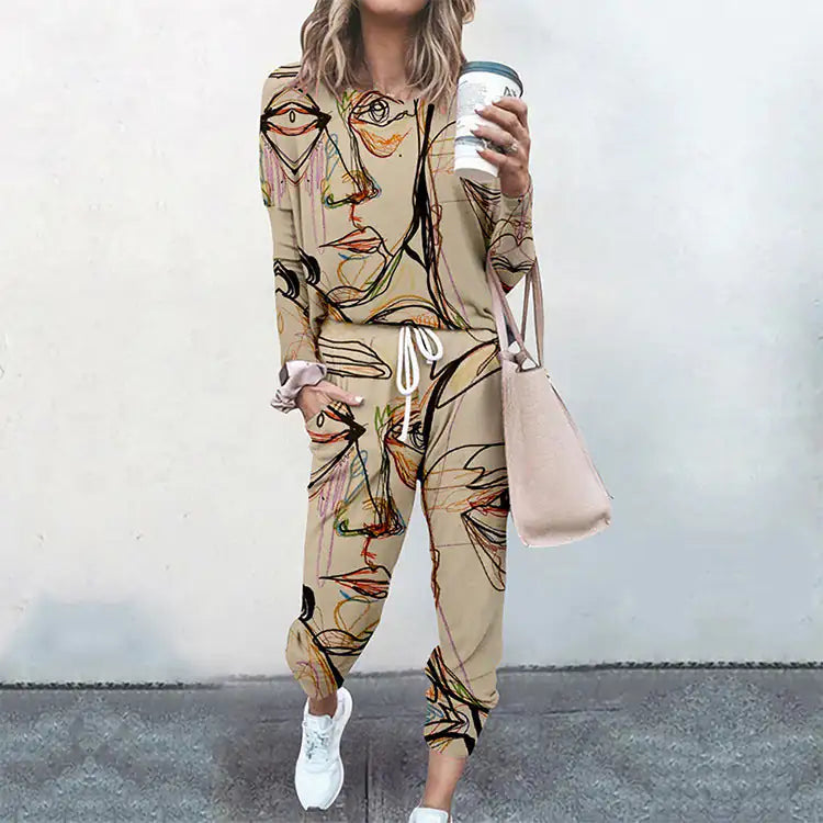 Abstract Blouse Top Elastic Waist Pant Casual Streetwear - AlburyMart