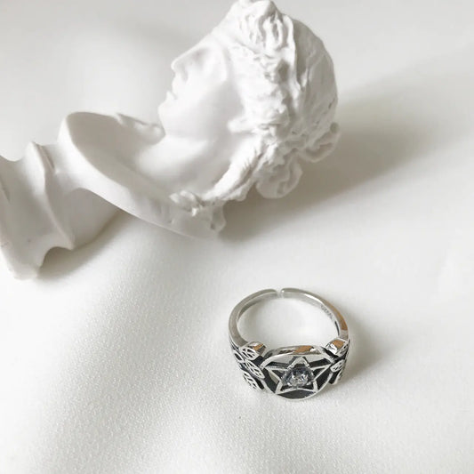 S925 Sterling Silver Pentagram Ring with Zircon