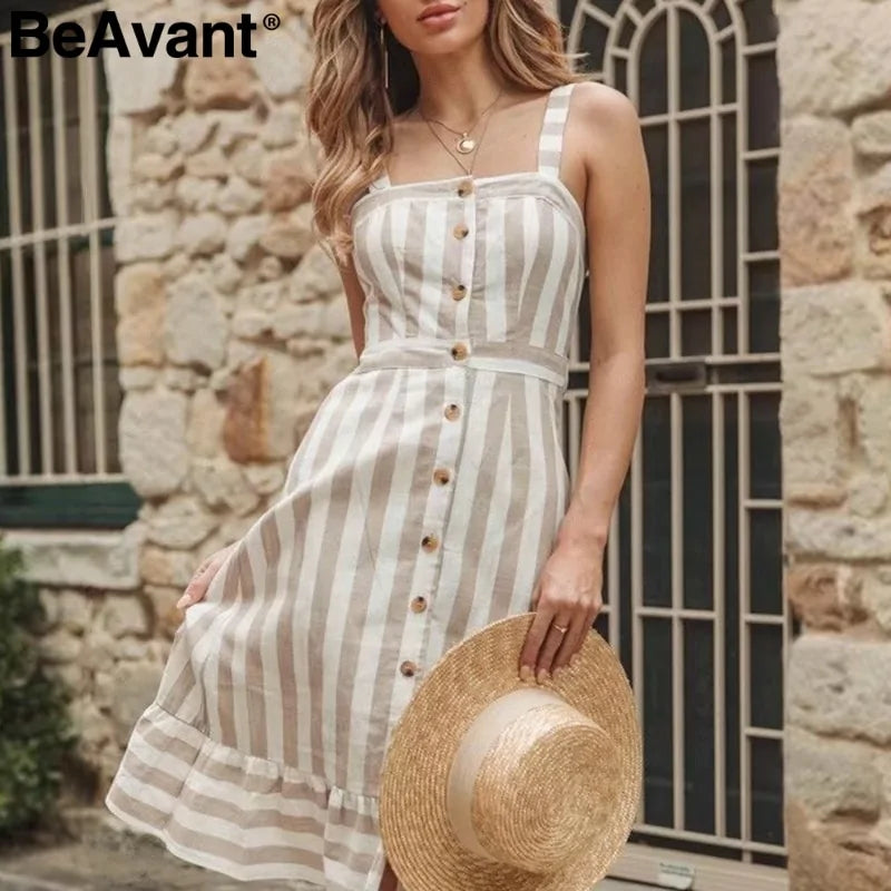 BeAvant Casual striped linen cotton dress women Button strap beach summer dress 2019 Sexy backless midi ladies dresses vestidos - AlburyMart