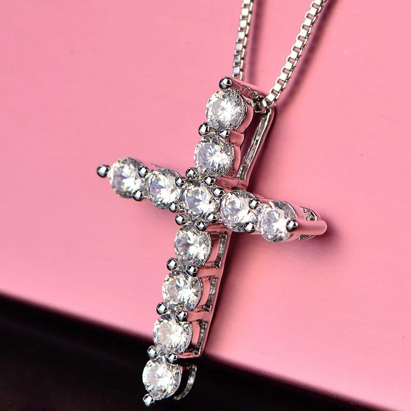 Crystal Cross Pendant Silver Chain Necklace - Fashionable Women's Jewelry Gift - AlburyMart